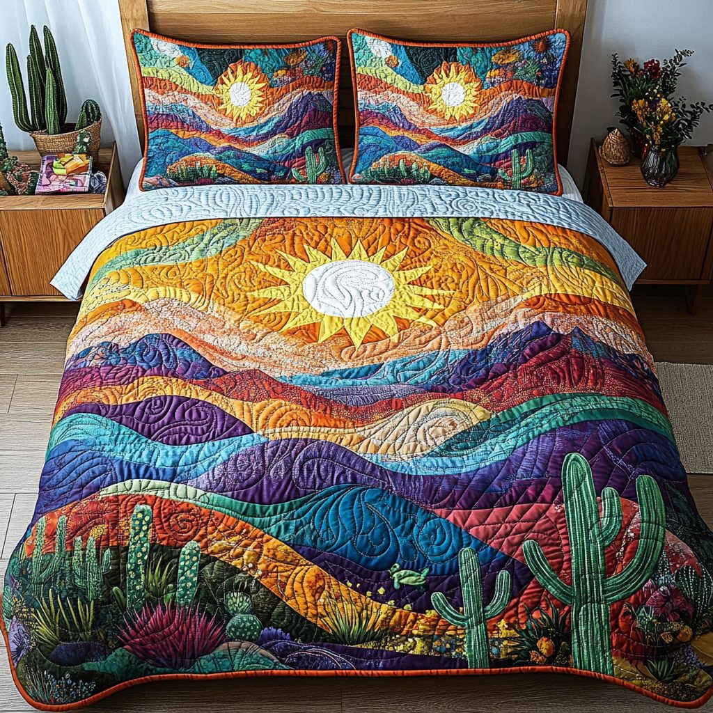 Saguaro Spirit quilted 3-piece bedding set on a made bed with two matching pillow shams