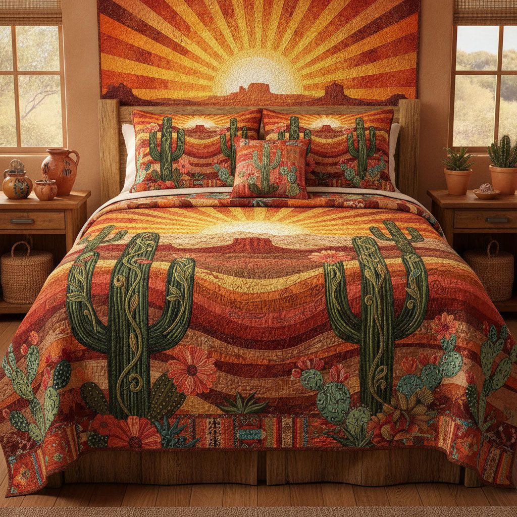 Saguaro Sunrise quilted 3-piece bedding set on a made bed with two matching pillow shams