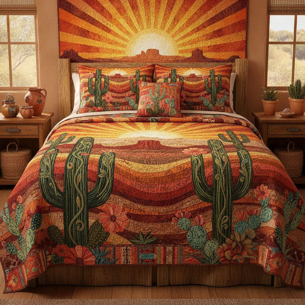 Saguaro Sunrise quilted 3-piece bedding set on a made bed with two matching pillow shams