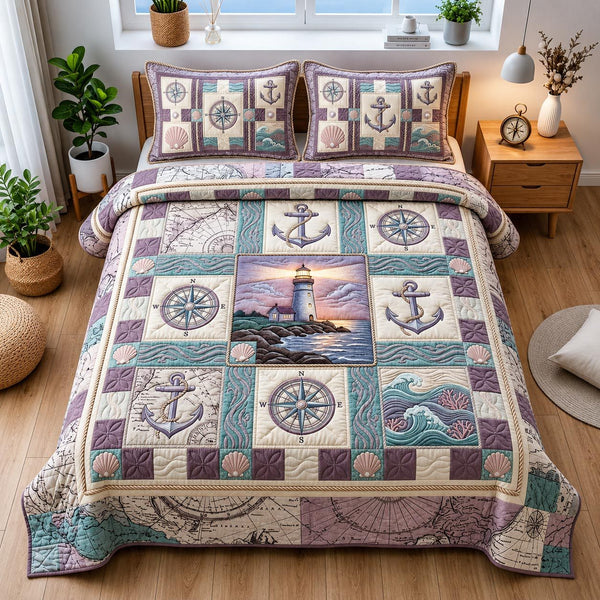 Sail Away quilted 3-piece bedding set on a made bed in a light coastal bedroom