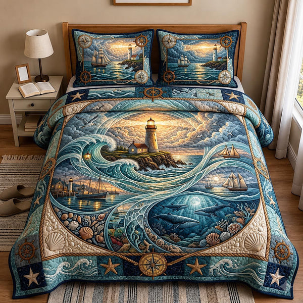 Sail Away quilted 3-piece bedding set on a made bed in a light coastal bedroom
