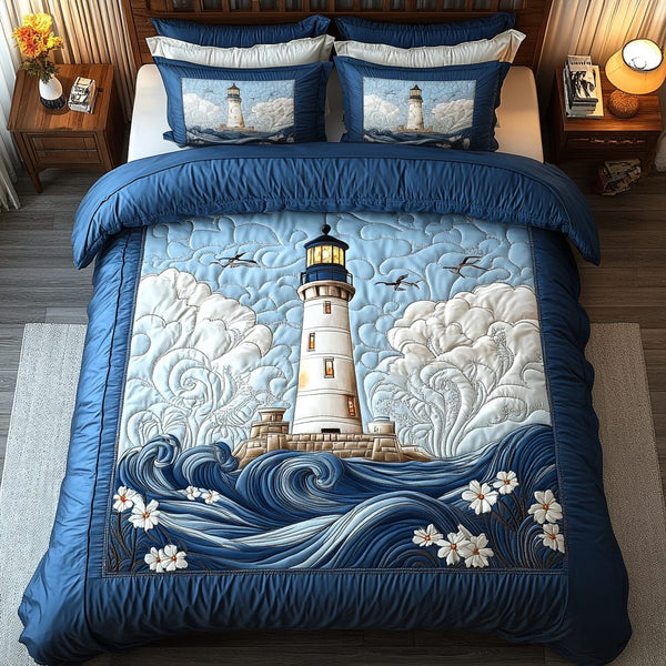 Sail Breeze quilted 3-piece bedding set on a made bed in a light coastal bedroom