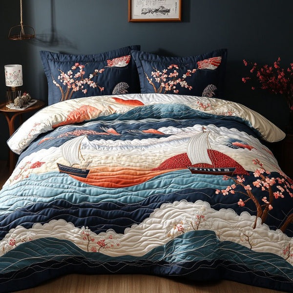 Sail of Spring quilted 3-piece bedding set on a made bed in a light coastal bedroom