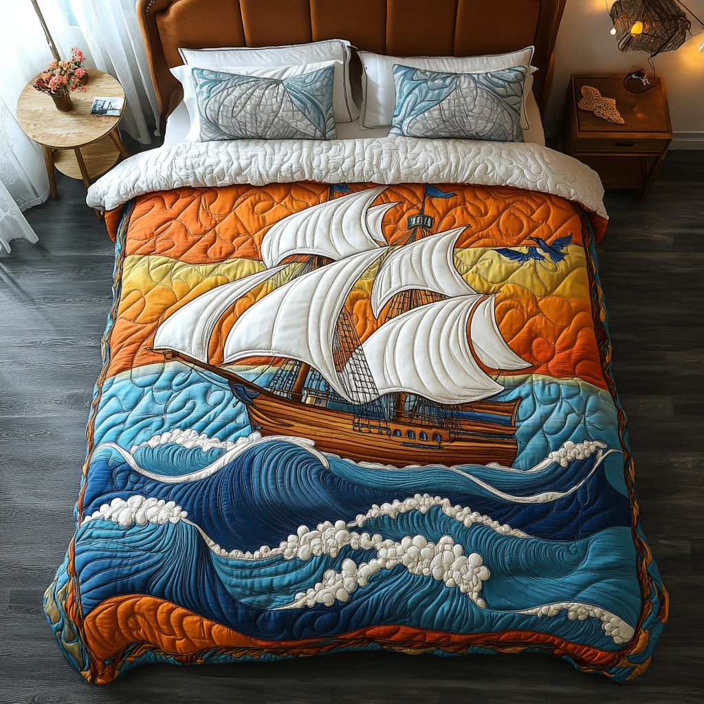 Sailboat Adventure quilted 3-piece bedding set on a made bed in a winter-styled bedroom