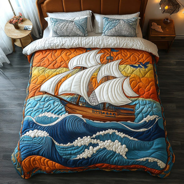 Sailboat Adventure quilted 3-piece bedding set on a made bed in a winter-styled bedroom