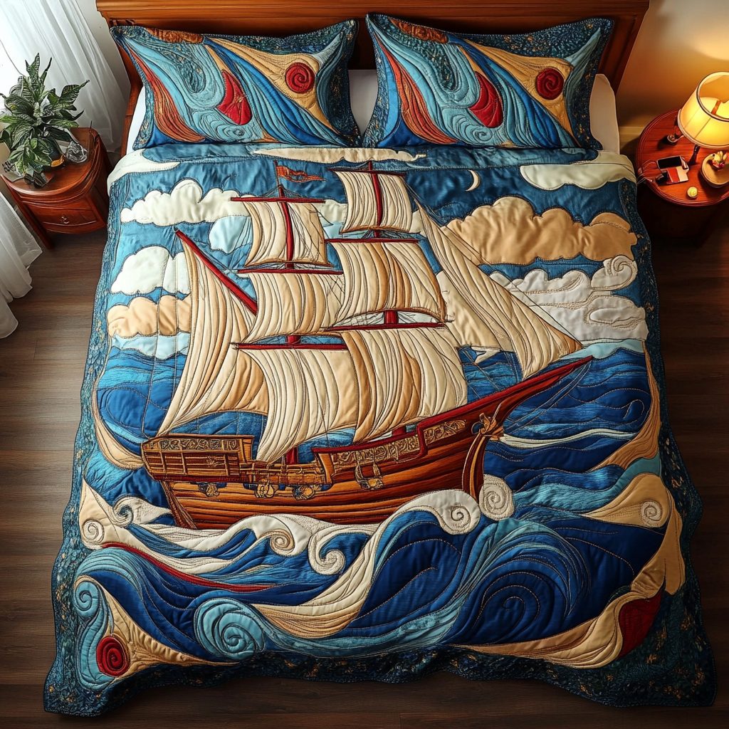 Sailboat Journey quilted 3-piece bedding set on a made bed with two matching pillow shams