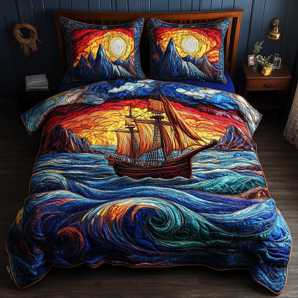 Sailboat Serenity quilted 3-piece bedding set on a made bed with two matching pillow shams