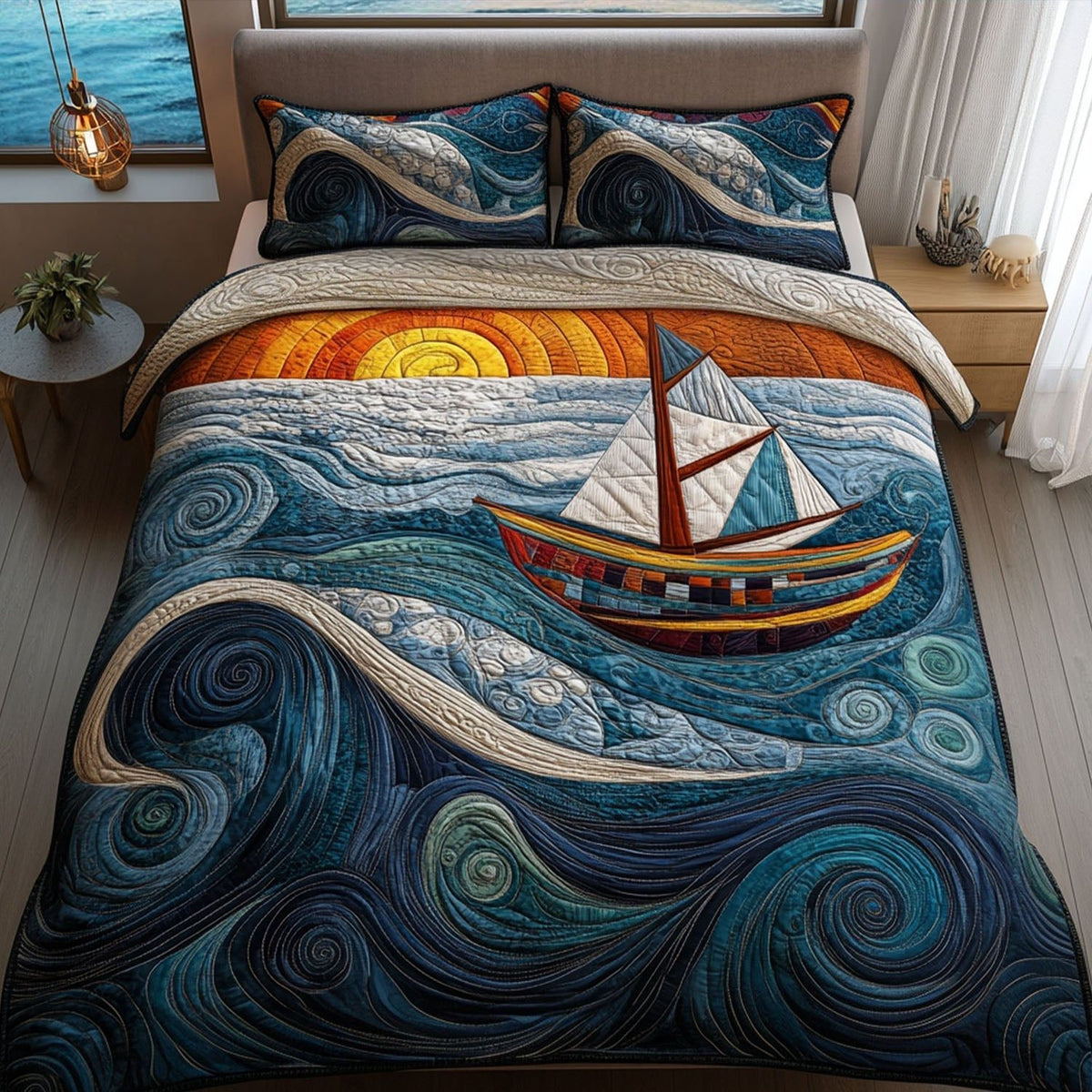 Sailboat Serenity quilted 3-piece bedding set on a made bed with two matching pillow shams