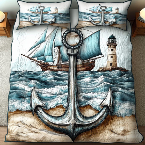 Sailing Anchor quilted 3-piece bedding set on a made bed in a light coastal bedroom