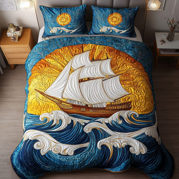 Sailing Bliss quilted 3-piece bedding set on a made bed in a light coastal bedroom