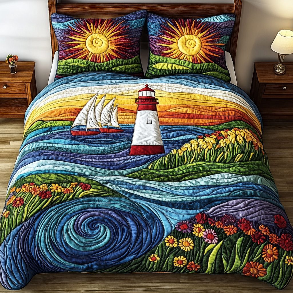 Sailing Horizons quilted 3-piece bedding set on a made bed in a light coastal bedroom