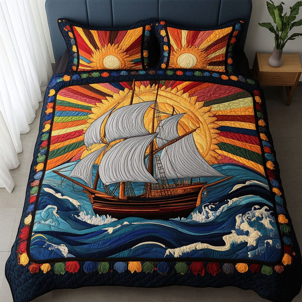 Sailing Serenity quilted 3-piece bedding set on a made bed in a light coastal bedroom