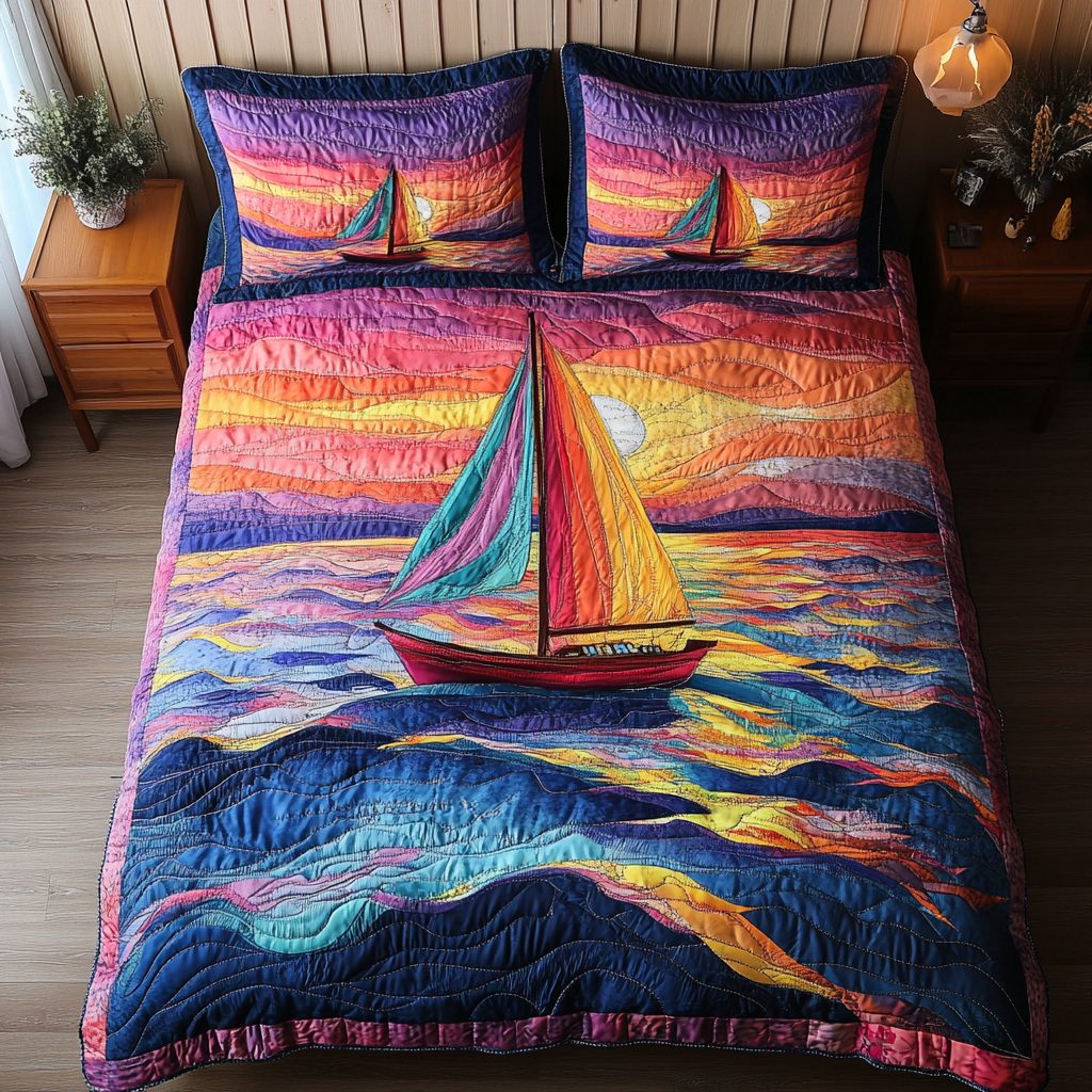Sailing Sunset quilted 3-piece bedding set on a made bed in a light coastal bedroom