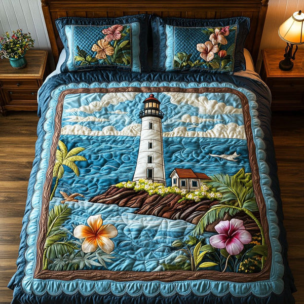 Sailing Sunset quilted 3-piece bedding set on a made bed in a light coastal bedroom