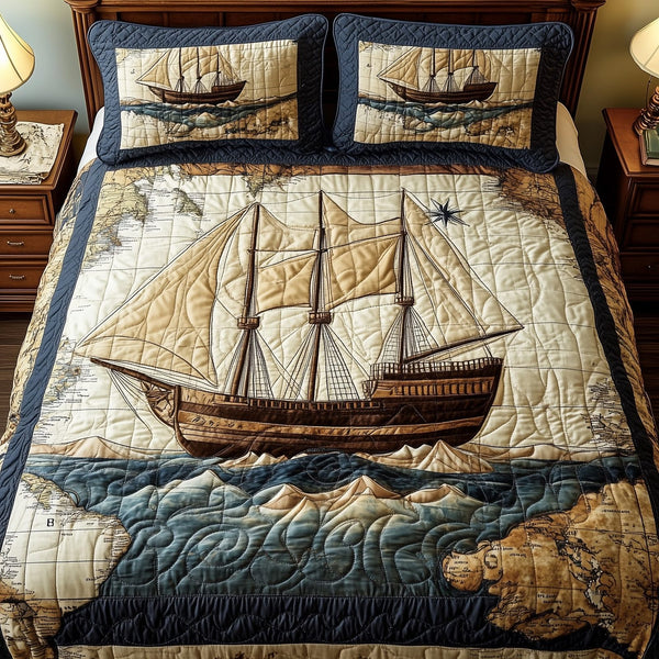 Sailing Through Time quilted 3-piece bedding set on a made bed in a light coastal bedroom
