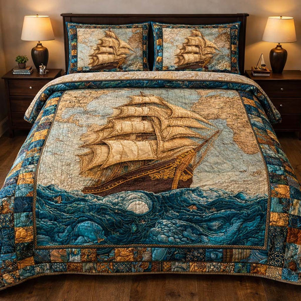 Sailing Wind Odyssey quilted 3-piece bedding set on a made bed in a light coastal bedroom