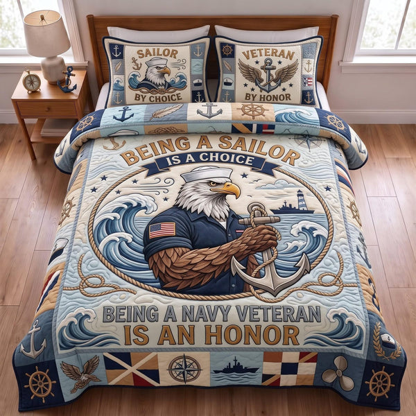 Sailor Honor quilted 3-piece bedding set on a made bed in a warmly lit bedroom
