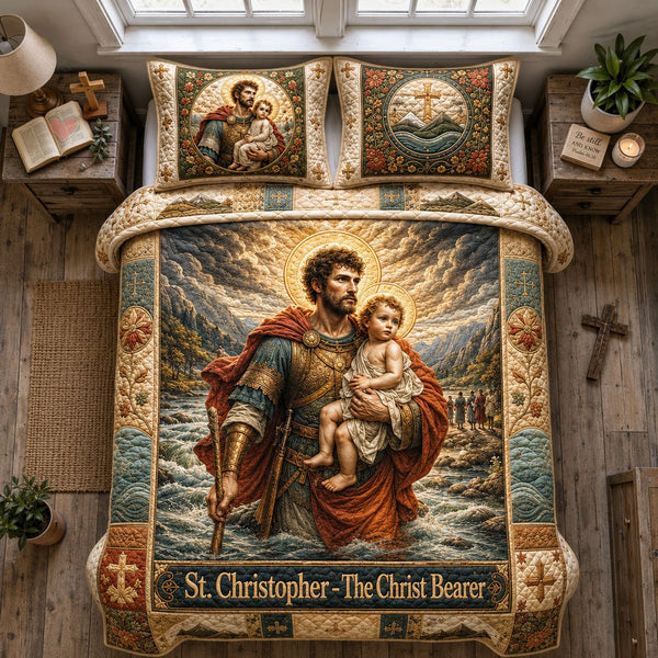 Saint Christopher Bearer Of Christ quilted 3-piece bedding set on a made bed in a softly lit bedroom