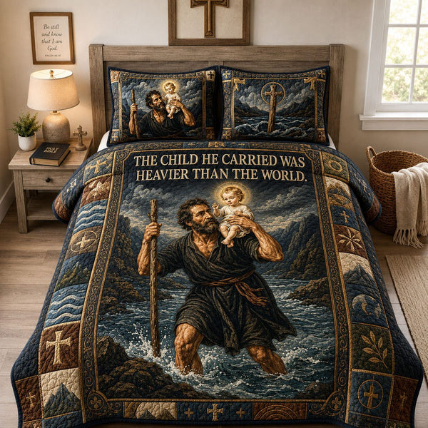 Saint Christopher Christ Bearer quilted 3-piece bedding set on a made bed in a softly lit bedroom