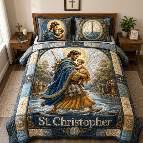 Saint Christopher Guardian Of The Sacred Crossing quilted 3-piece bedding set on a made bed in a softly lit bedroom
