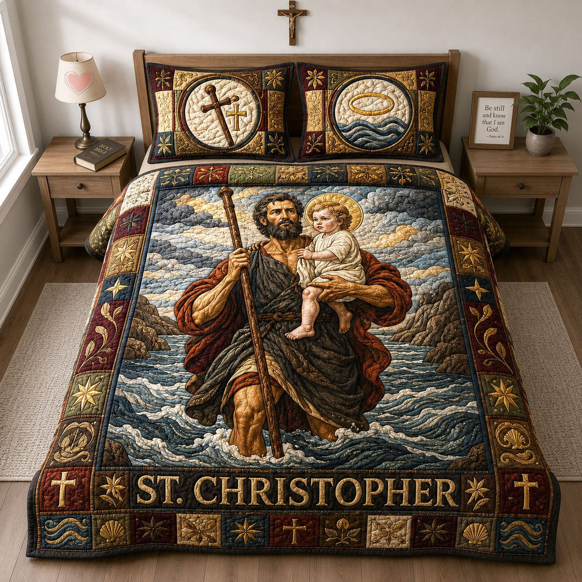 Saint Christopher Guardian Of The Waters quilted 3-piece bedding set on a made bed in a softly lit bedroom
