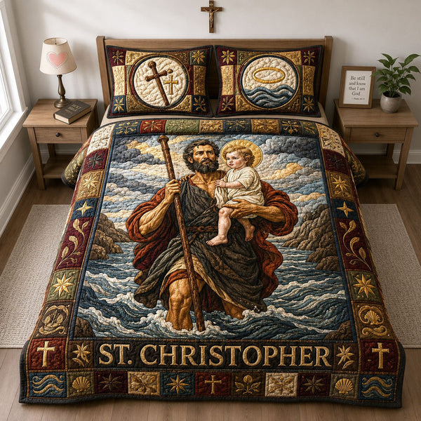 Saint Christopher Guardian Of The Waters quilted 3-piece bedding set on a made bed in a softly lit bedroom