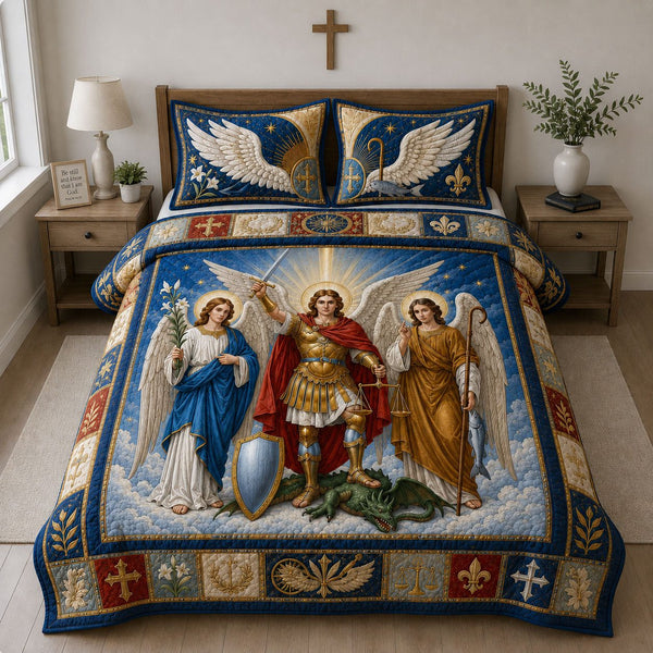 Saint Michael And The Holy Archangels quilted 3-piece bedding set on a made bed in a softly lit bedroom