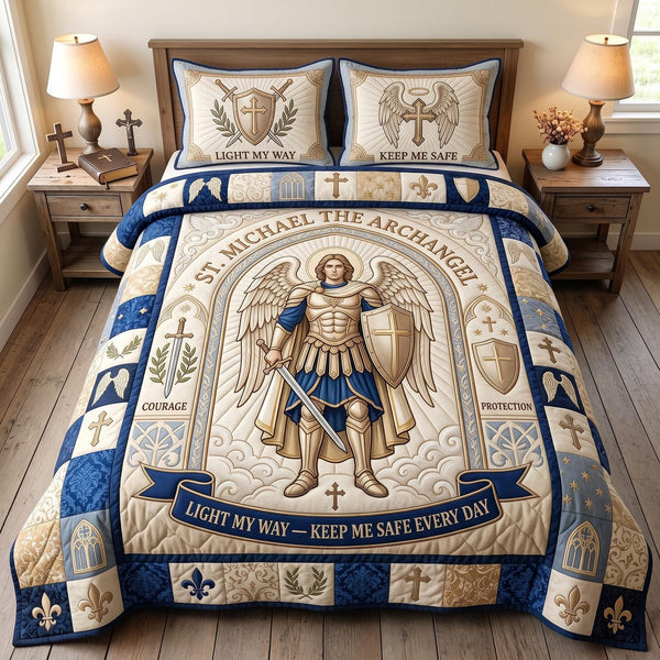 Saint Michael Archangel quilted 3-piece bedding set on a made bed in a softly lit bedroom