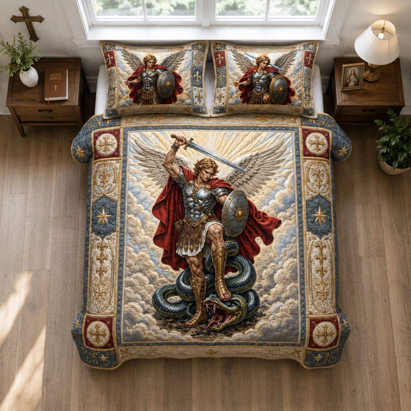 Saint Michael Defeats The Serpent quilted 3-piece bedding set on a made bed with two matching pillow shams