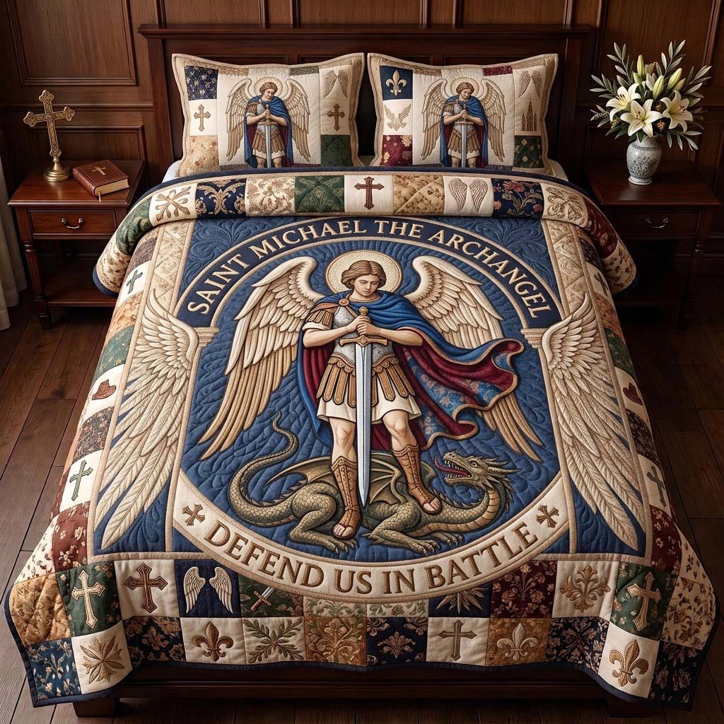 Saint Michael Defend Us quilted 3-piece bedding set on a made bed with two matching pillow shams