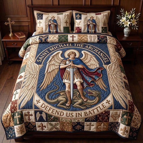 Saint Michael Defend Us quilted 3-piece bedding set on a made bed with two matching pillow shams