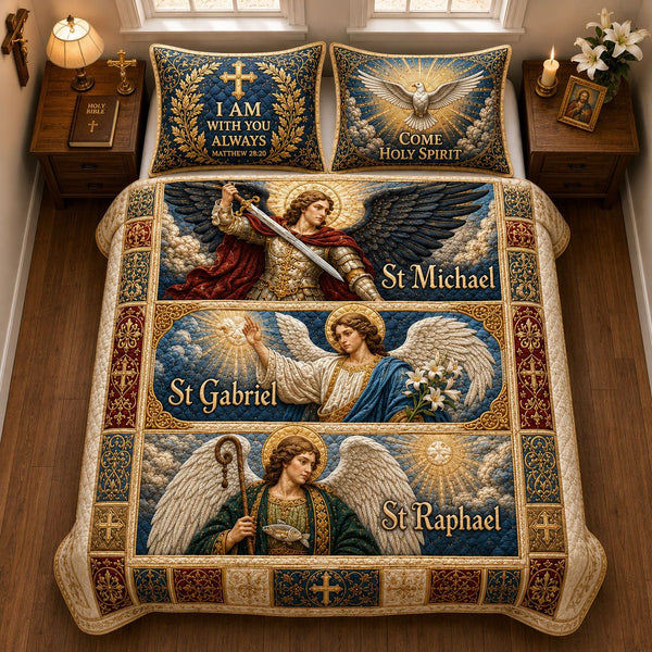 Saint Michael Gabriel And Raphael quilted 3-piece bedding set on a made bed with two matching pillow shams
