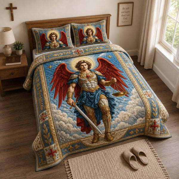 Saint Michael Guardian Of Justice quilted 3-piece bedding set on a made bed with two matching pillow shams