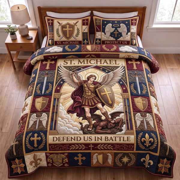 Saint Michael Guardian quilted 3-piece bedding set on a made bed with two matching pillow shams