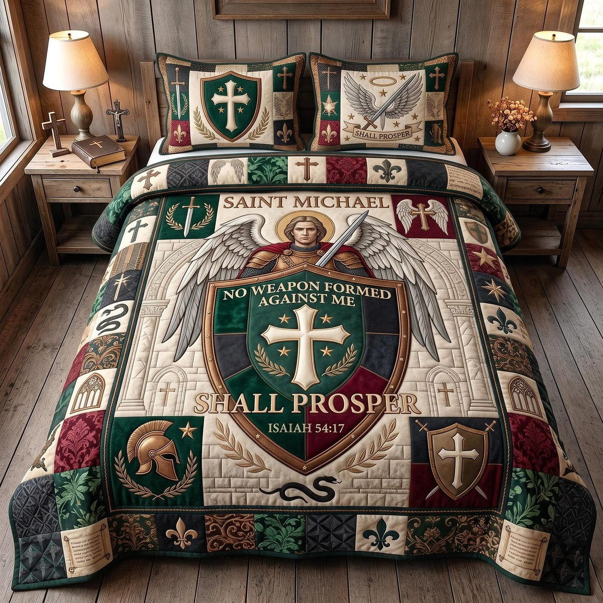 Saint Michael Protector quilted 3-piece bedding set on a made bed with two matching pillow shams