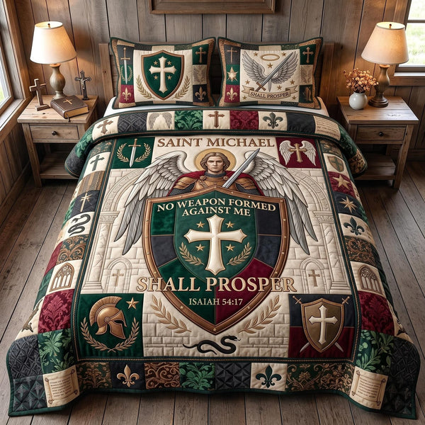 Saint Michael Protector quilted 3-piece bedding set on a made bed with two matching pillow shams
