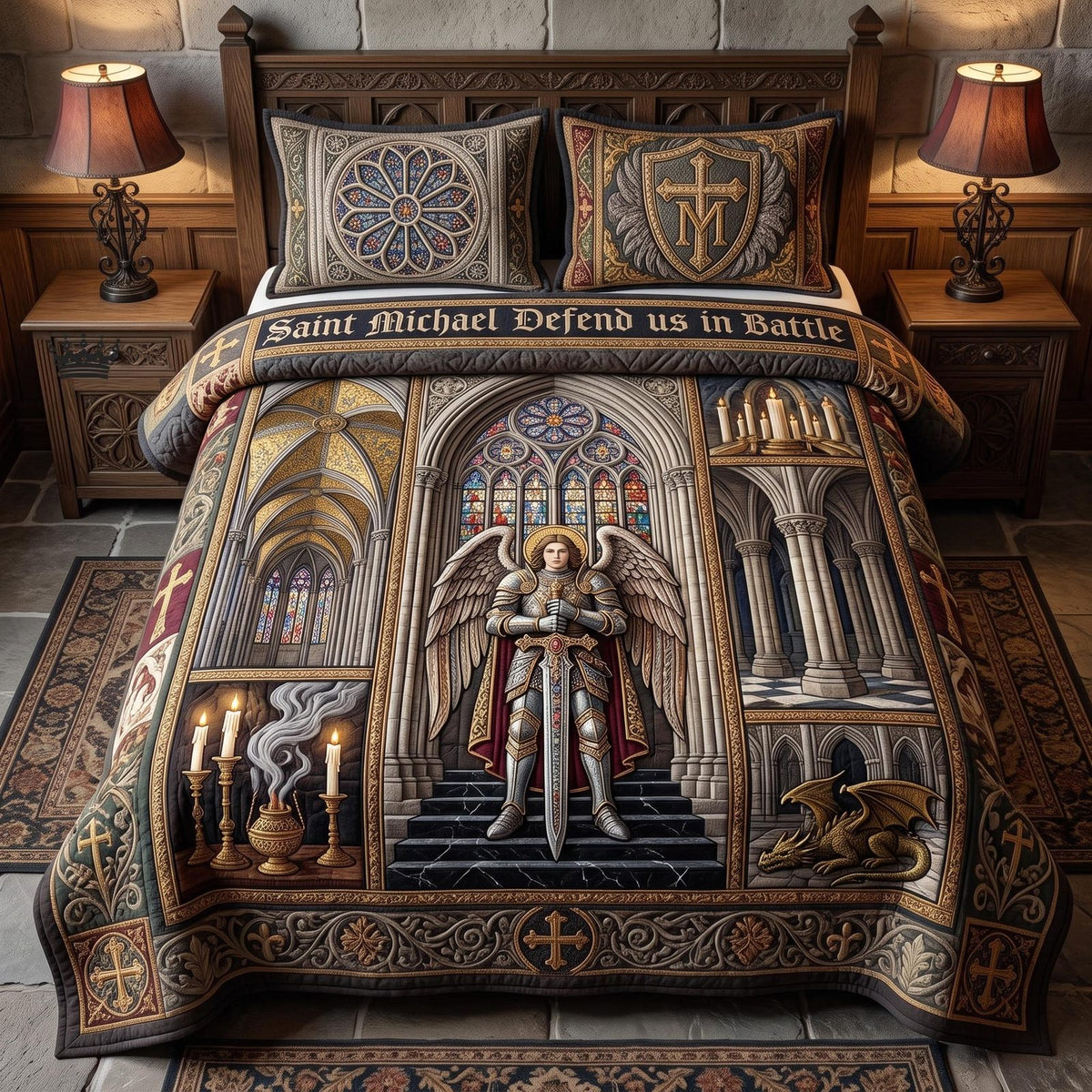Saint Michael quilted 3-piece bedding set on a made bed with two matching pillow shams