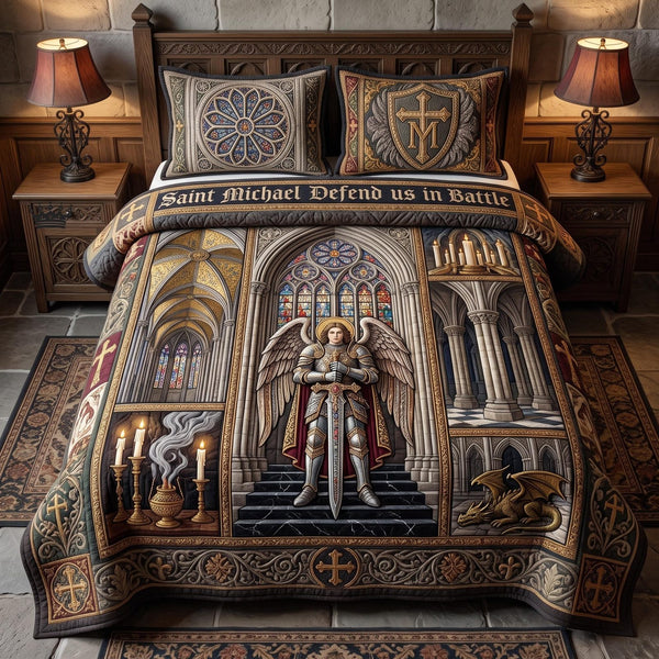 Saint Michael quilted 3-piece bedding set on a made bed with two matching pillow shams
