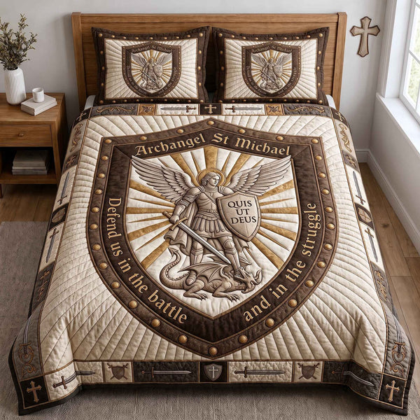 Saint Michael quilted 3-piece bedding set on a made bed with two matching pillow shams