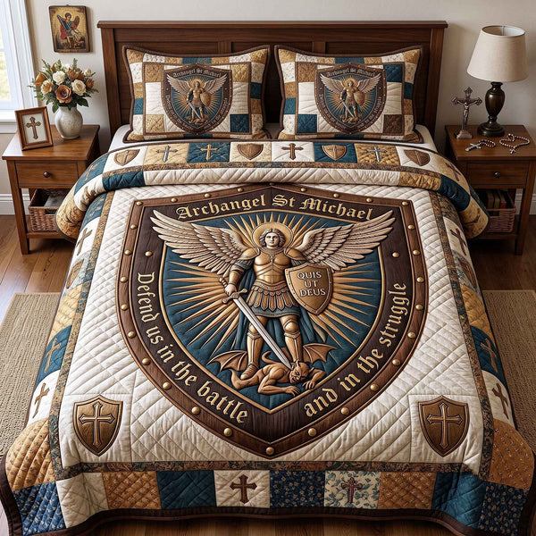 Saint Michael quilted 3-piece bedding set on a made bed with two matching pillow shams