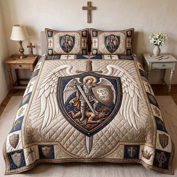 Saint Michael quilted 3-piece bedding set on a made bed with two matching pillow shams