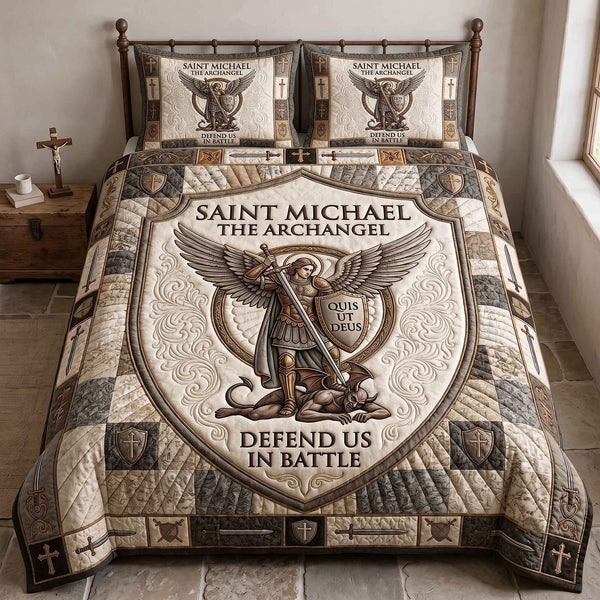 Saint Michael quilted 3-piece bedding set on a made bed with two matching pillow shams