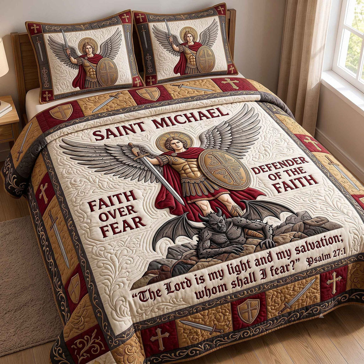 Saint Michael quilted 3-piece bedding set on a made bed with two matching pillow shams