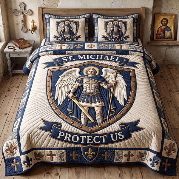 Saint Michael quilted 3-piece bedding set on a made bed with two matching pillow shams