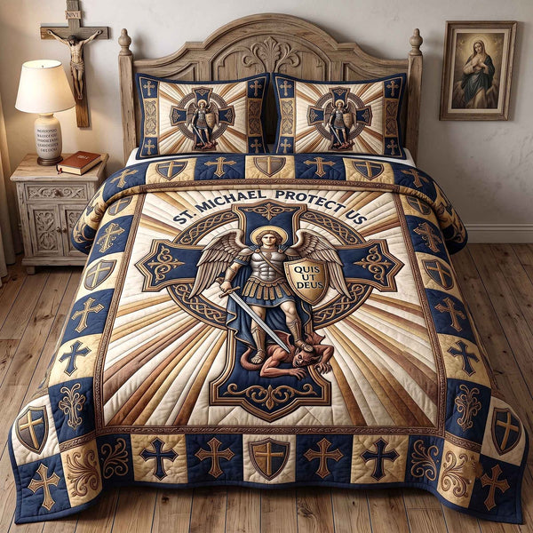 Saint Michael quilted 3-piece bedding set on a made bed with two matching pillow shams