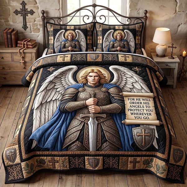 Saint Michael quilted 3-piece bedding set on a made bed with two matching pillow shams