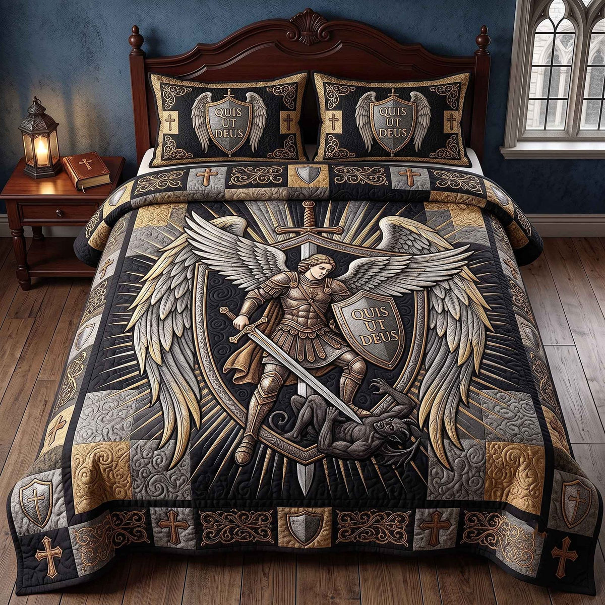 Saint Michael quilted 3-piece bedding set on a made bed with two matching pillow shams