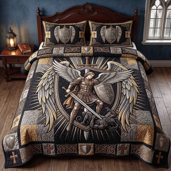 Saint Michael quilted 3-piece bedding set on a made bed with two matching pillow shams