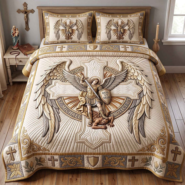Saint Michael quilted 3-piece bedding set on a made bed with two matching pillow shams