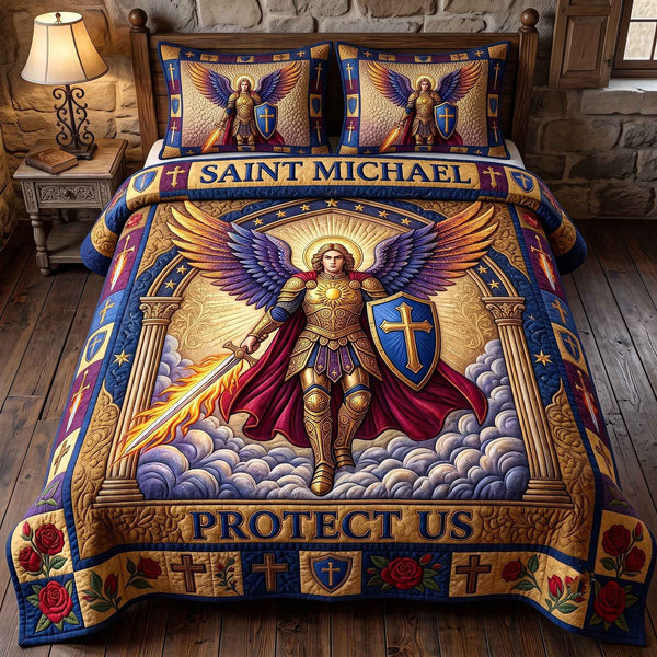 Saint Michael quilted 3-piece bedding set on a made bed with two matching pillow shams